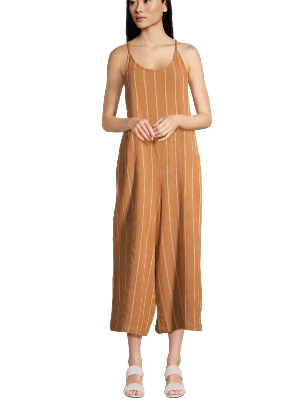 WORLD MARKET Khadi Terracota Ivory Striped Texture Wide-Leg Crop Jumpsuit  L/XL‎